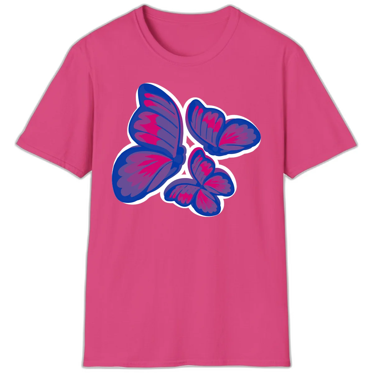 Colorful butterfly sticker design featuring four blue and magenta butterflies with layered wings and gradient shading on gray background in Heliconia