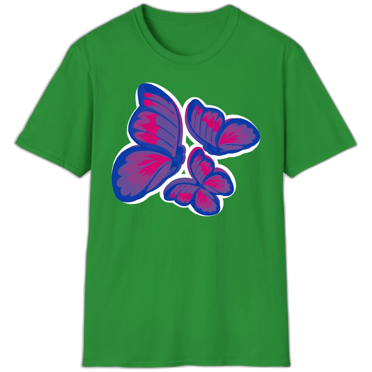Colorful butterfly sticker design featuring four blue and magenta butterflies with layered wings and gradient shading on gray background in Irish Green