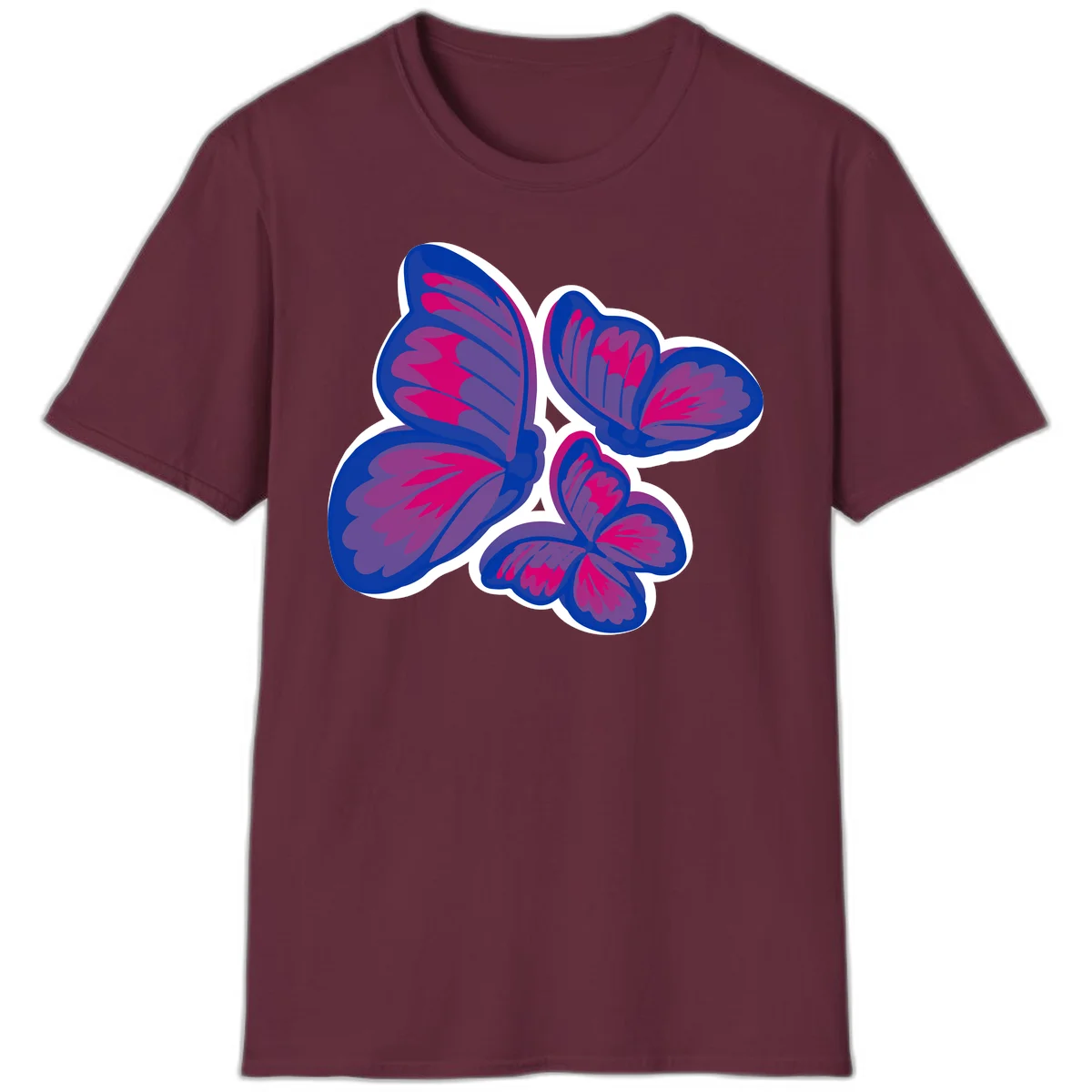 Colorful butterfly sticker design featuring four blue and magenta butterflies with layered wings and gradient shading on gray background in Maroon