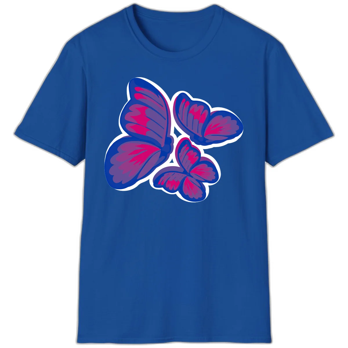 Colorful butterfly sticker design featuring four blue and magenta butterflies with layered wings and gradient shading on gray background in Royal