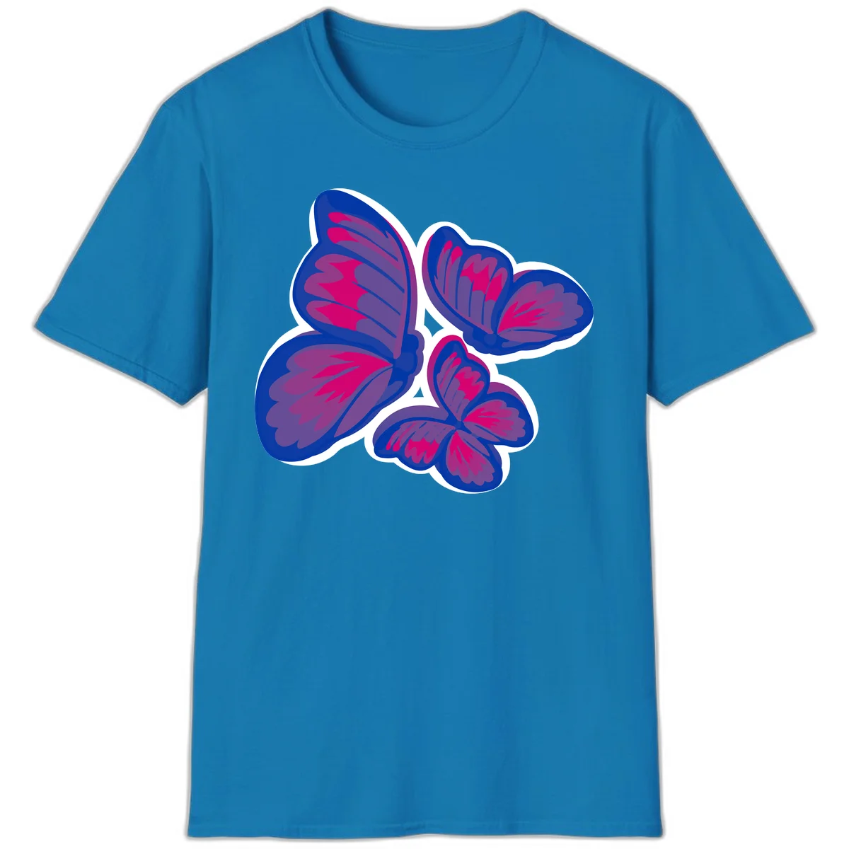 Colorful butterfly sticker design featuring four blue and magenta butterflies with layered wings and gradient shading on gray background in Sapphire