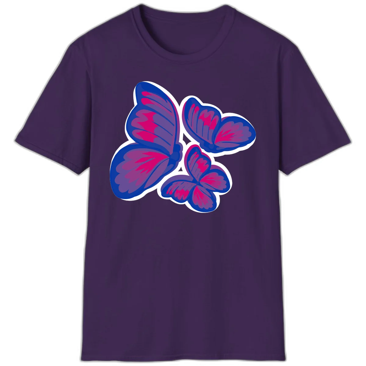 Colorful butterfly sticker design featuring four blue and magenta butterflies with layered wings and gradient shading on gray background in Purple