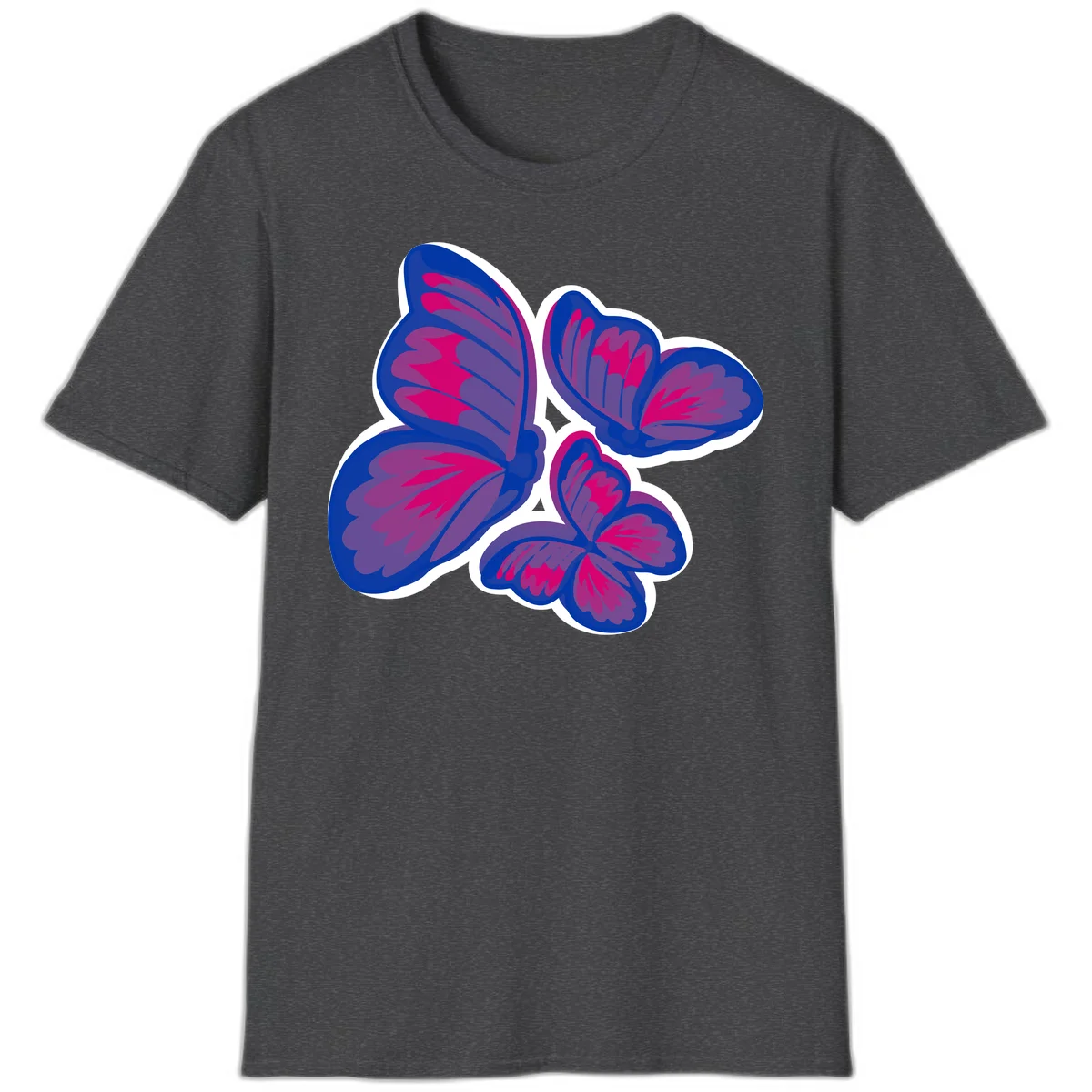 Colorful butterfly sticker design featuring four blue and magenta butterflies with layered wings and gradient shading on gray background in Dark Heather