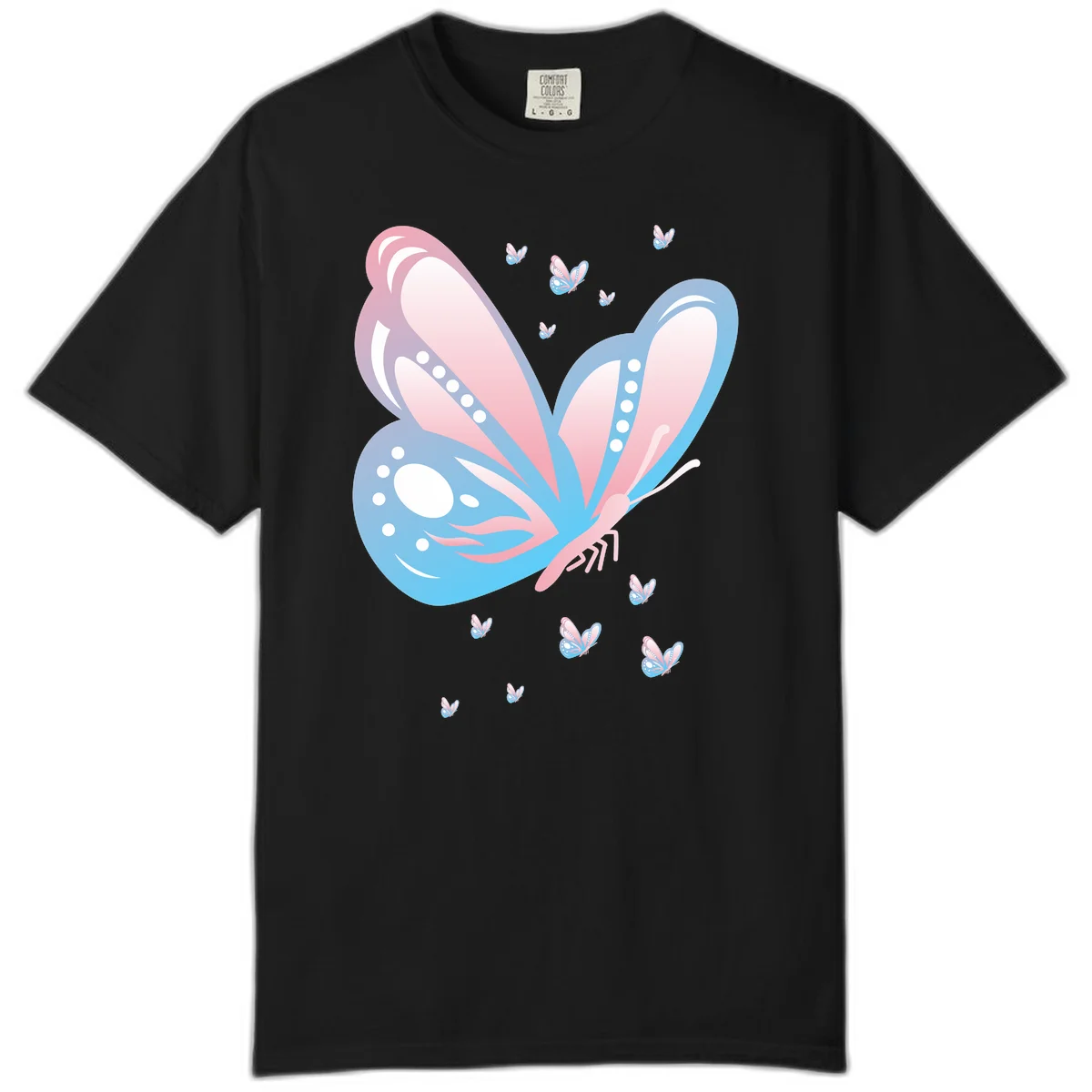 Large butterfly with pink and blue gradient wings featuring white dot details, surrounded by smaller flying butterflies on gray background in Black