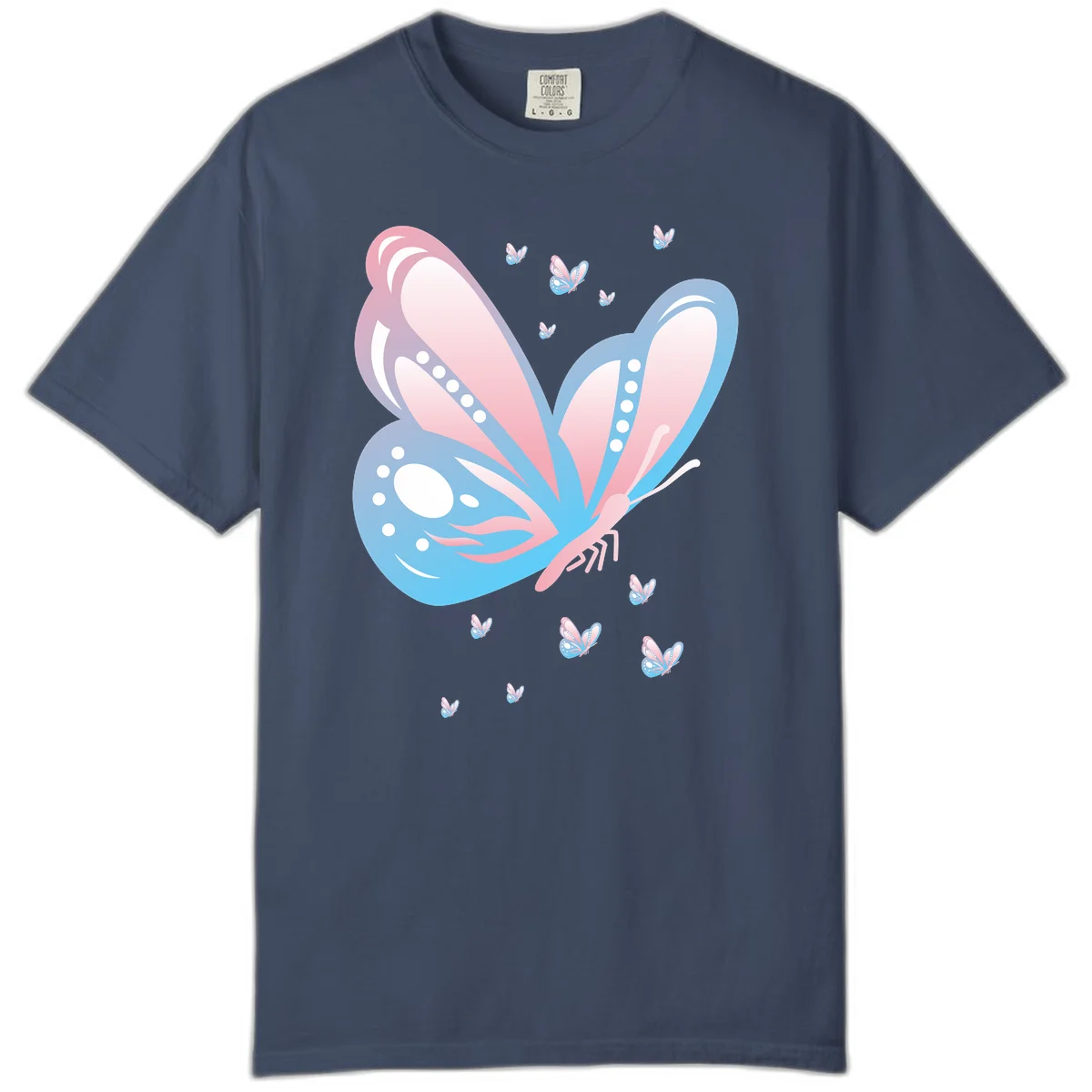 Large butterfly with pink and blue gradient wings featuring white dot details, surrounded by smaller flying butterflies on gray background in Midnight