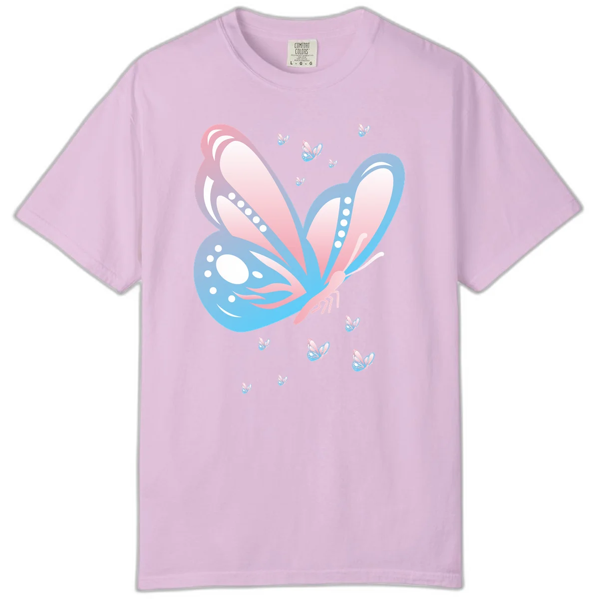 Large butterfly with pink and blue gradient wings featuring white dot details, surrounded by smaller flying butterflies on gray background in Orchid
