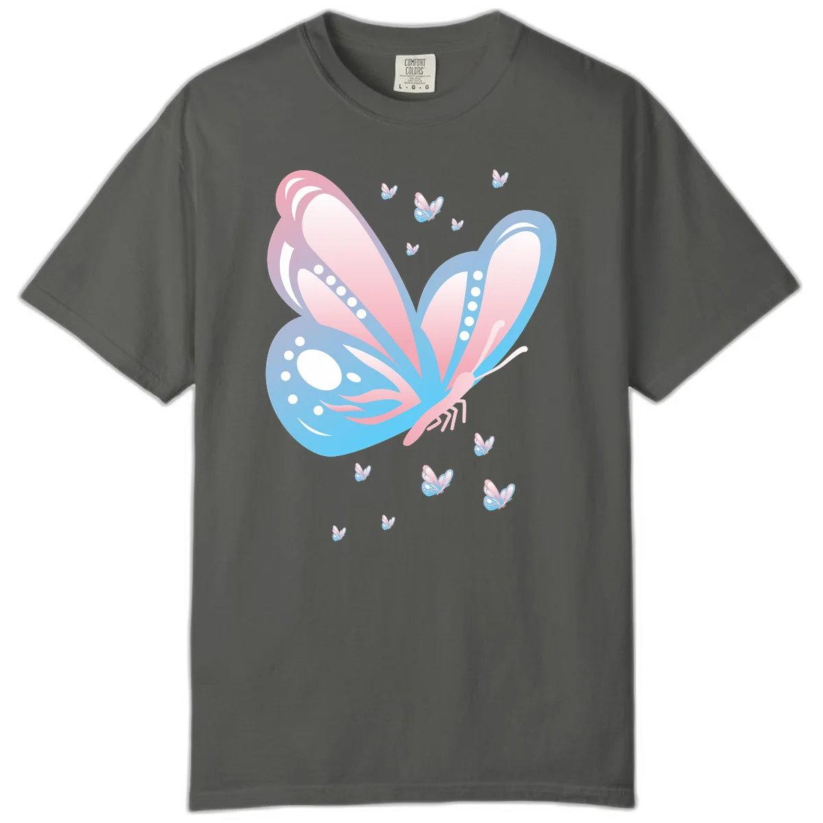 Large butterfly with pink and blue gradient wings featuring white dot details, surrounded by smaller flying butterflies on gray background in Pepper