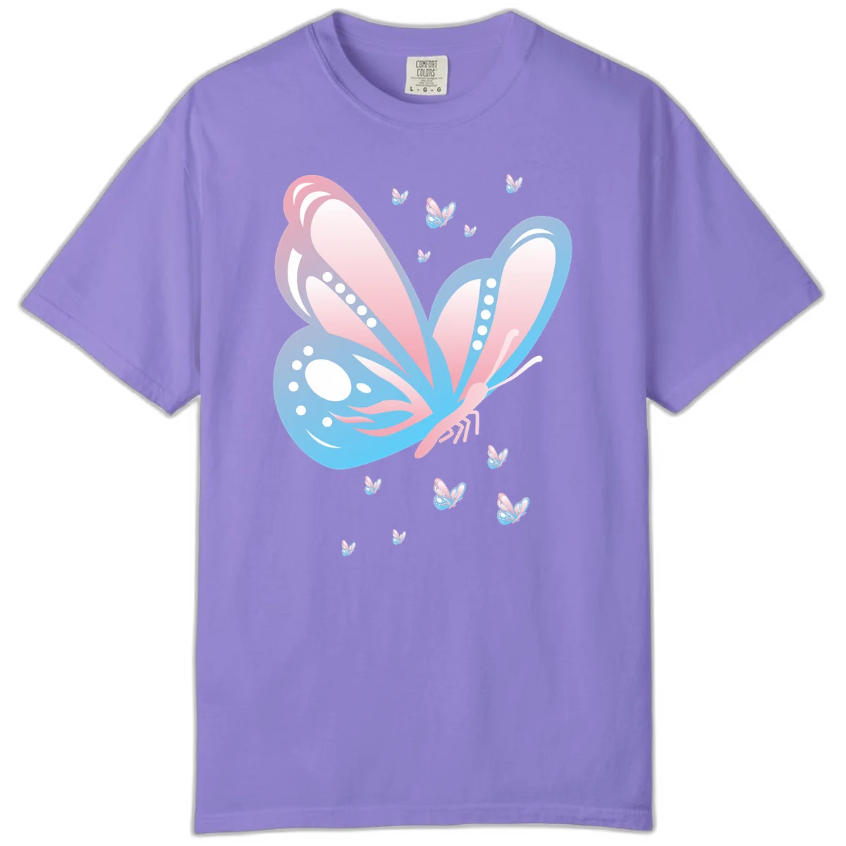 Large butterfly with pink and blue gradient wings featuring white dot details, surrounded by smaller flying butterflies on gray background in Violet