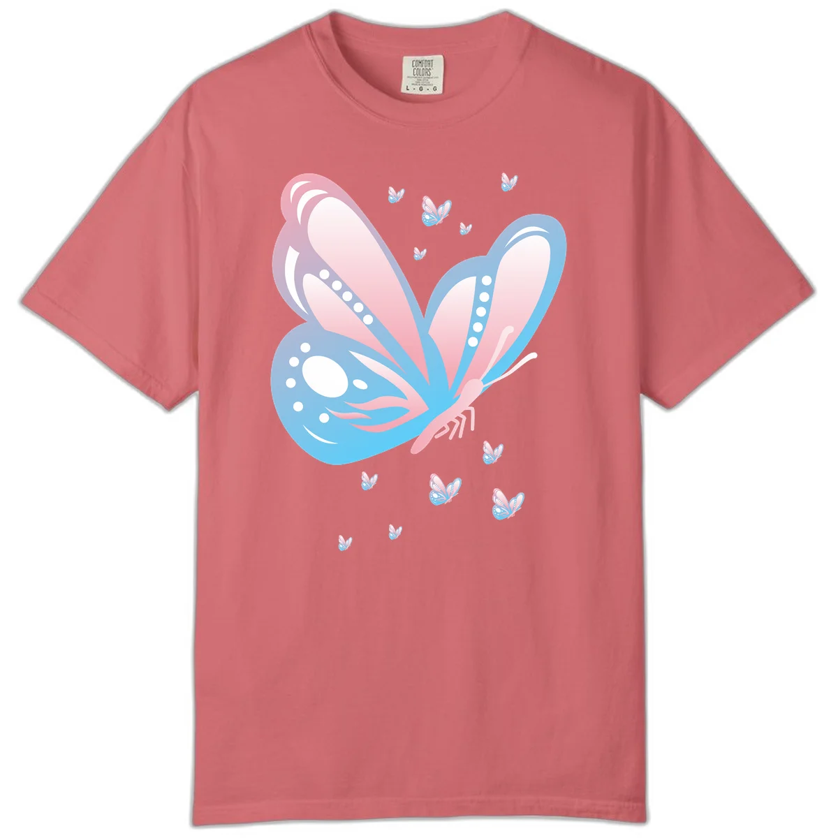 Large butterfly with pink and blue gradient wings featuring white dot details, surrounded by smaller flying butterflies on gray background in Watermelon