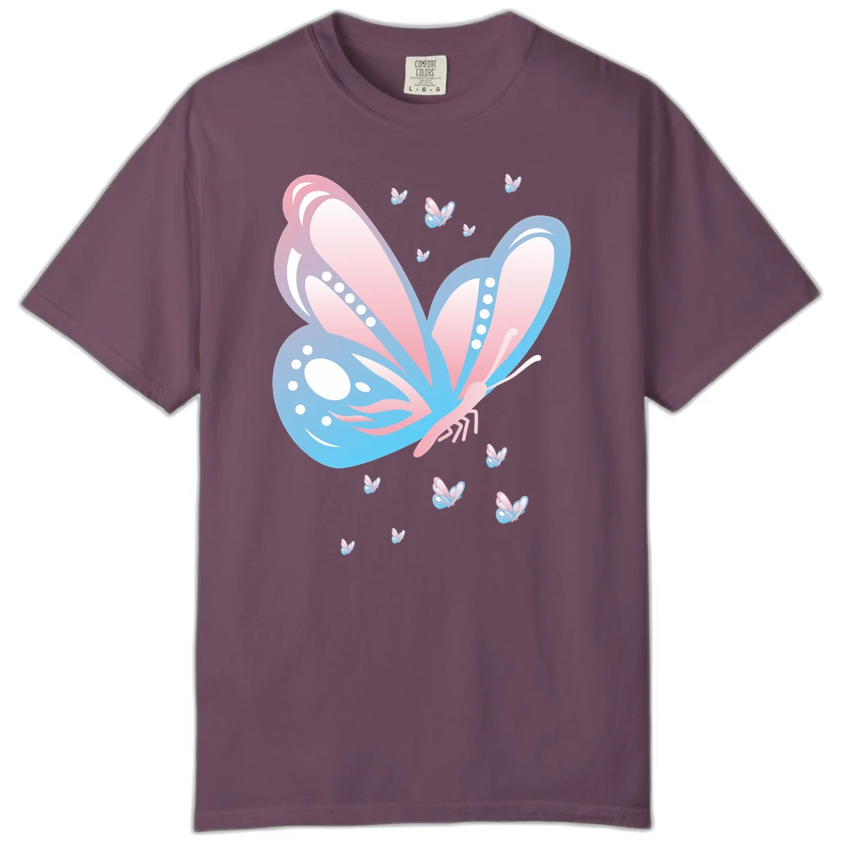 Large butterfly with pink and blue gradient wings featuring white dot details, surrounded by smaller flying butterflies on gray background in Berry