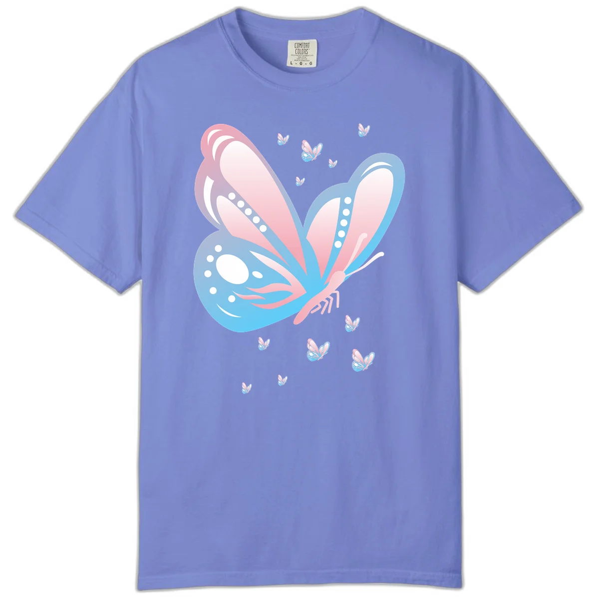 Large butterfly with pink and blue gradient wings featuring white dot details, surrounded by smaller flying butterflies on gray background in Flo Blue