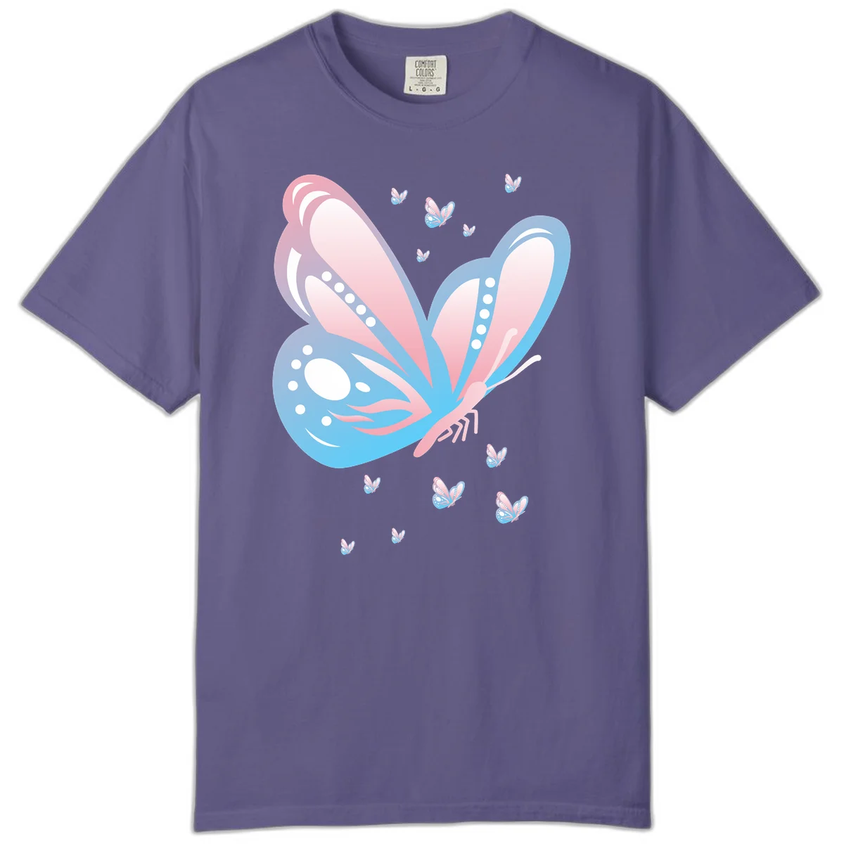 Large butterfly with pink and blue gradient wings featuring white dot details, surrounded by smaller flying butterflies on gray background in Grape