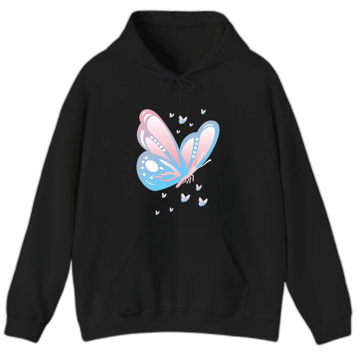 Large butterfly with pink and blue gradient wings featuring white dot details, surrounded by smaller flying butterflies on gray background in Black