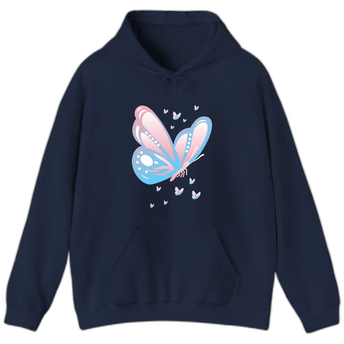 Large butterfly with pink and blue gradient wings featuring white dot details, surrounded by smaller flying butterflies on gray background in Navy