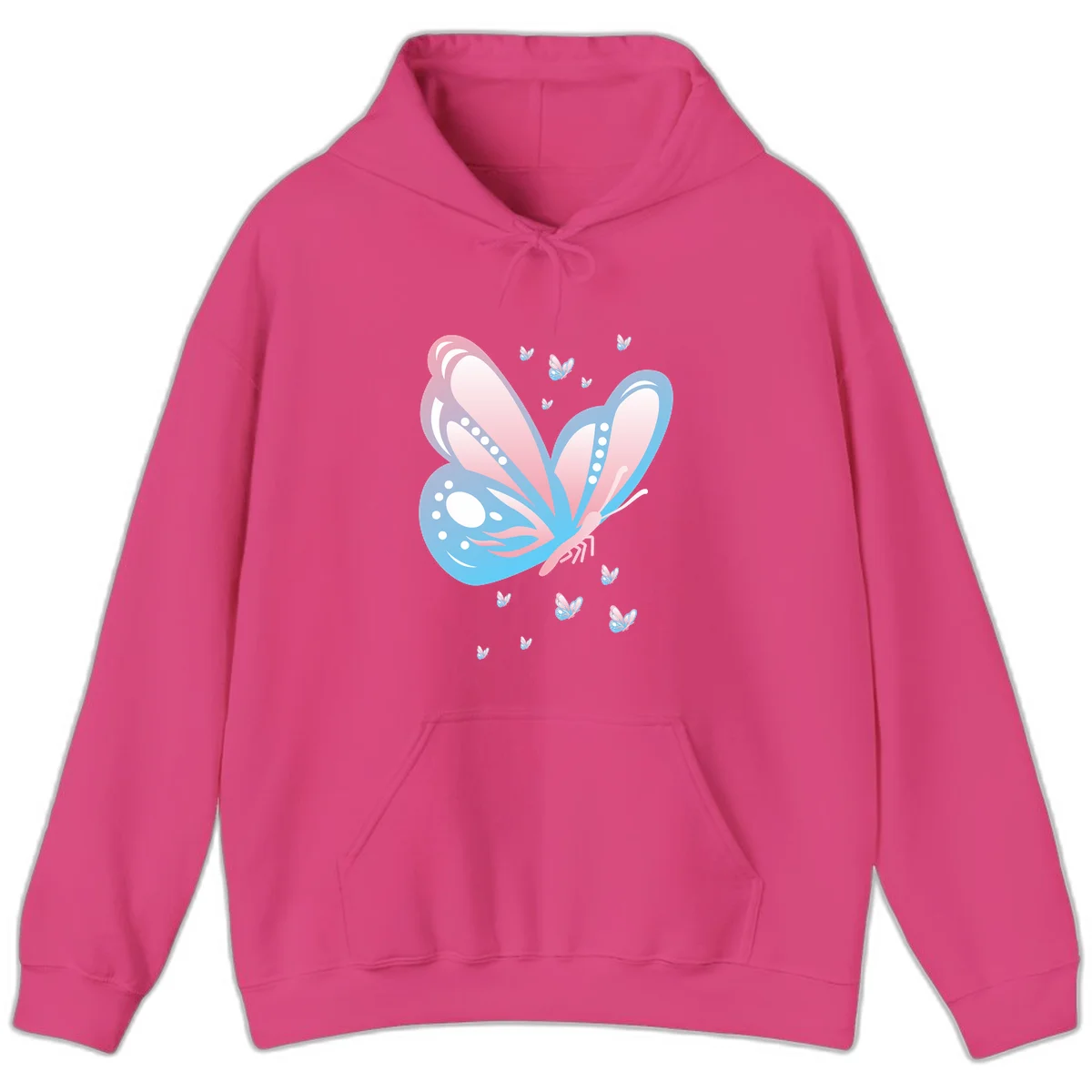 Large butterfly with pink and blue gradient wings featuring white dot details, surrounded by smaller flying butterflies on gray background in Heliconia