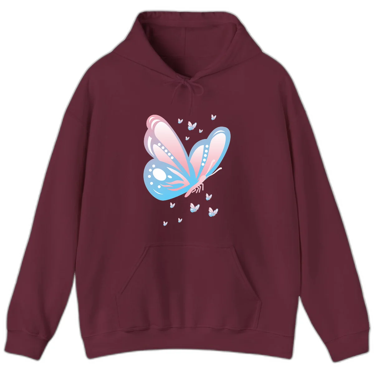 Large butterfly with pink and blue gradient wings featuring white dot details, surrounded by smaller flying butterflies on gray background in Maroon