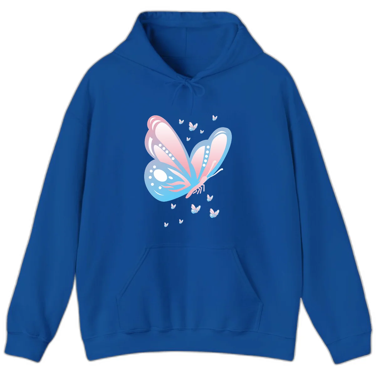 Large butterfly with pink and blue gradient wings featuring white dot details, surrounded by smaller flying butterflies on gray background in Royal