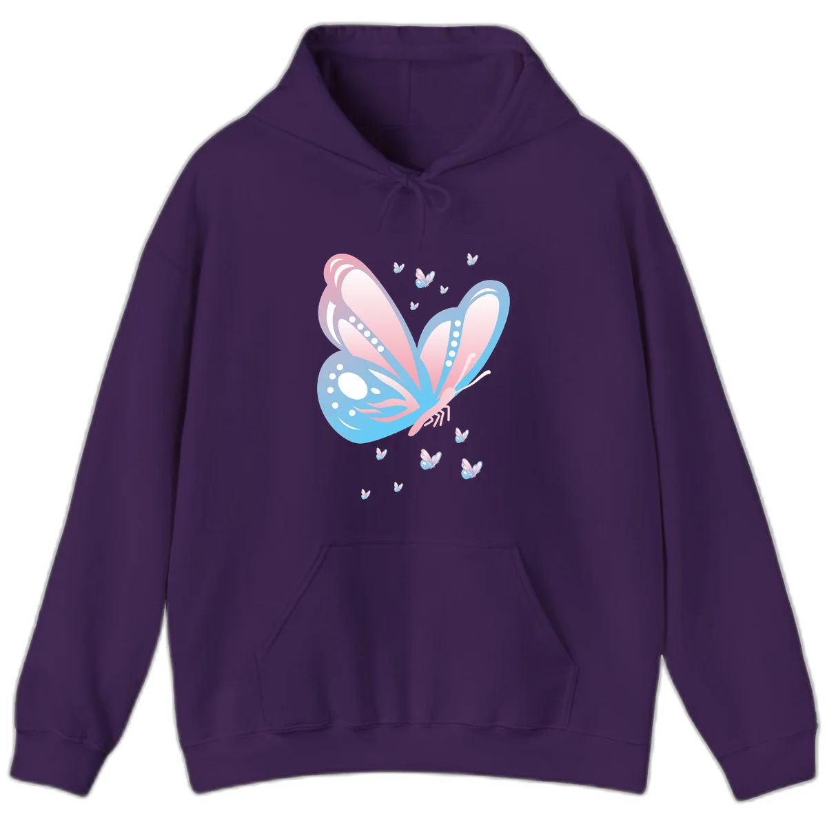 Large butterfly with pink and blue gradient wings featuring white dot details, surrounded by smaller flying butterflies on gray background in Purple