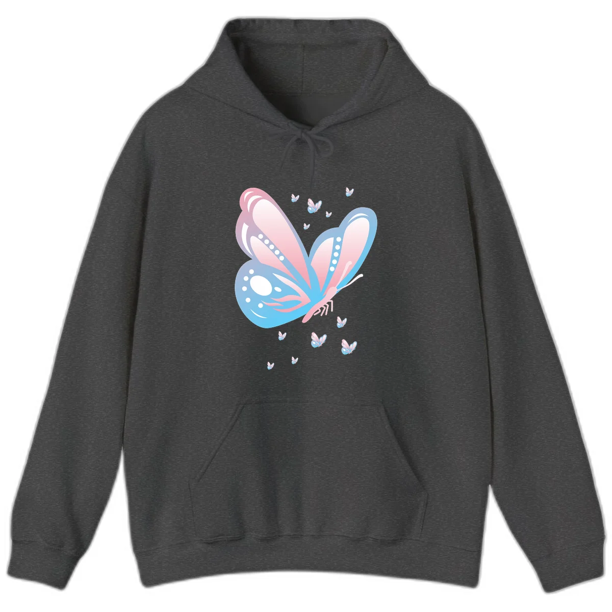 Large butterfly with pink and blue gradient wings featuring white dot details, surrounded by smaller flying butterflies on gray background in Dark Heather