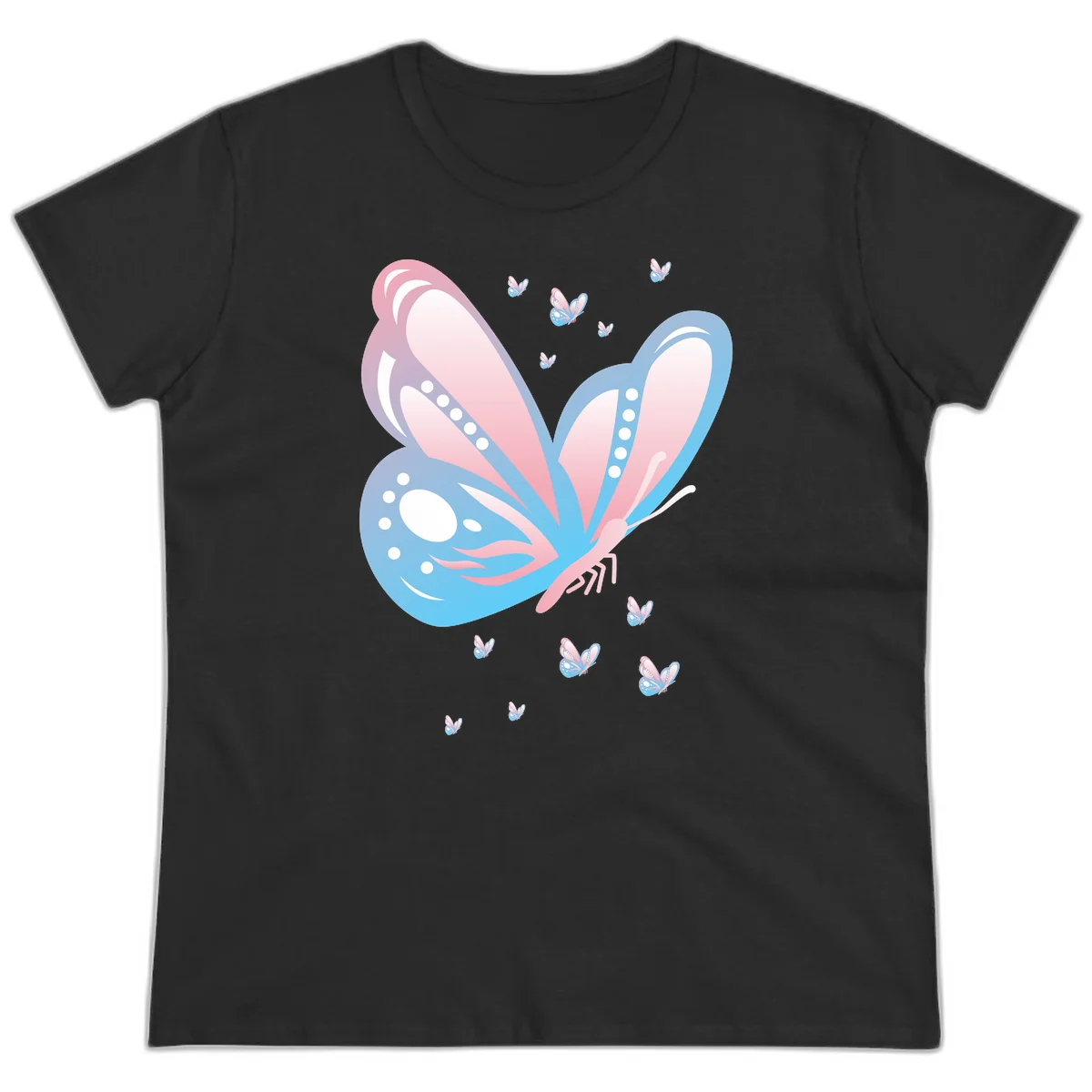 Large butterfly with pink and blue gradient wings featuring white dot details, surrounded by smaller flying butterflies on gray background in Black