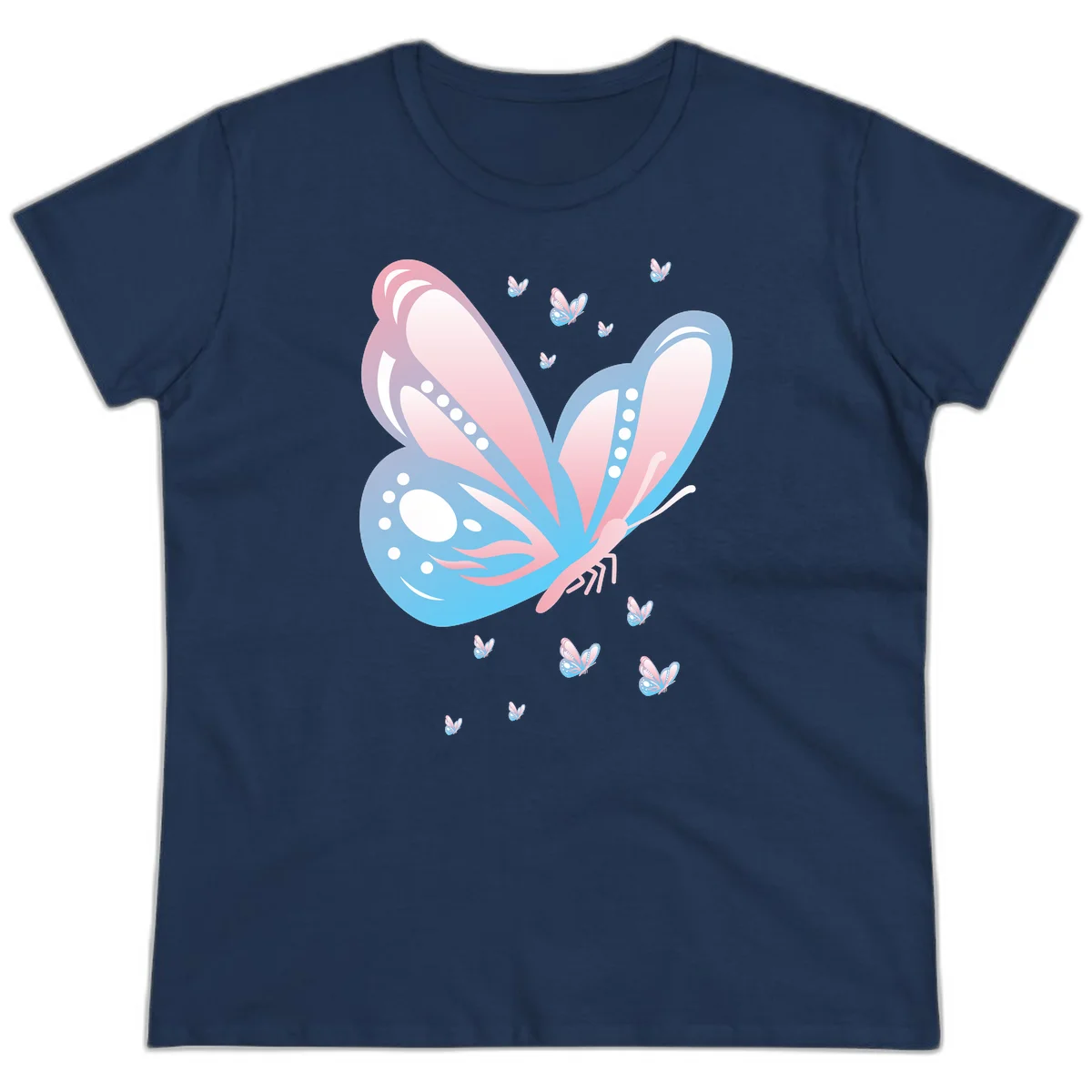 Large butterfly with pink and blue gradient wings featuring white dot details, surrounded by smaller flying butterflies on gray background in Navy