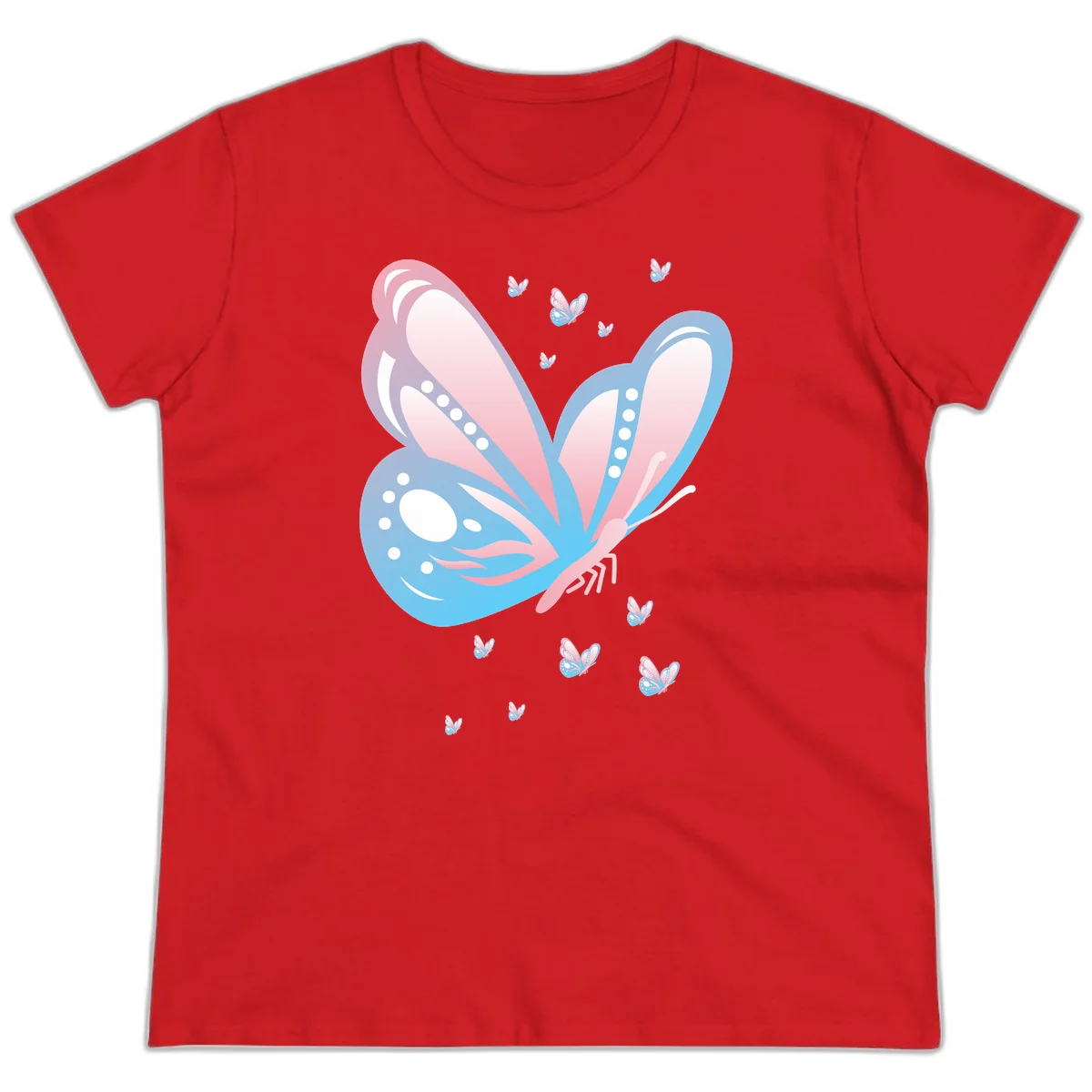 Large butterfly with pink and blue gradient wings featuring white dot details, surrounded by smaller flying butterflies on gray background in Red