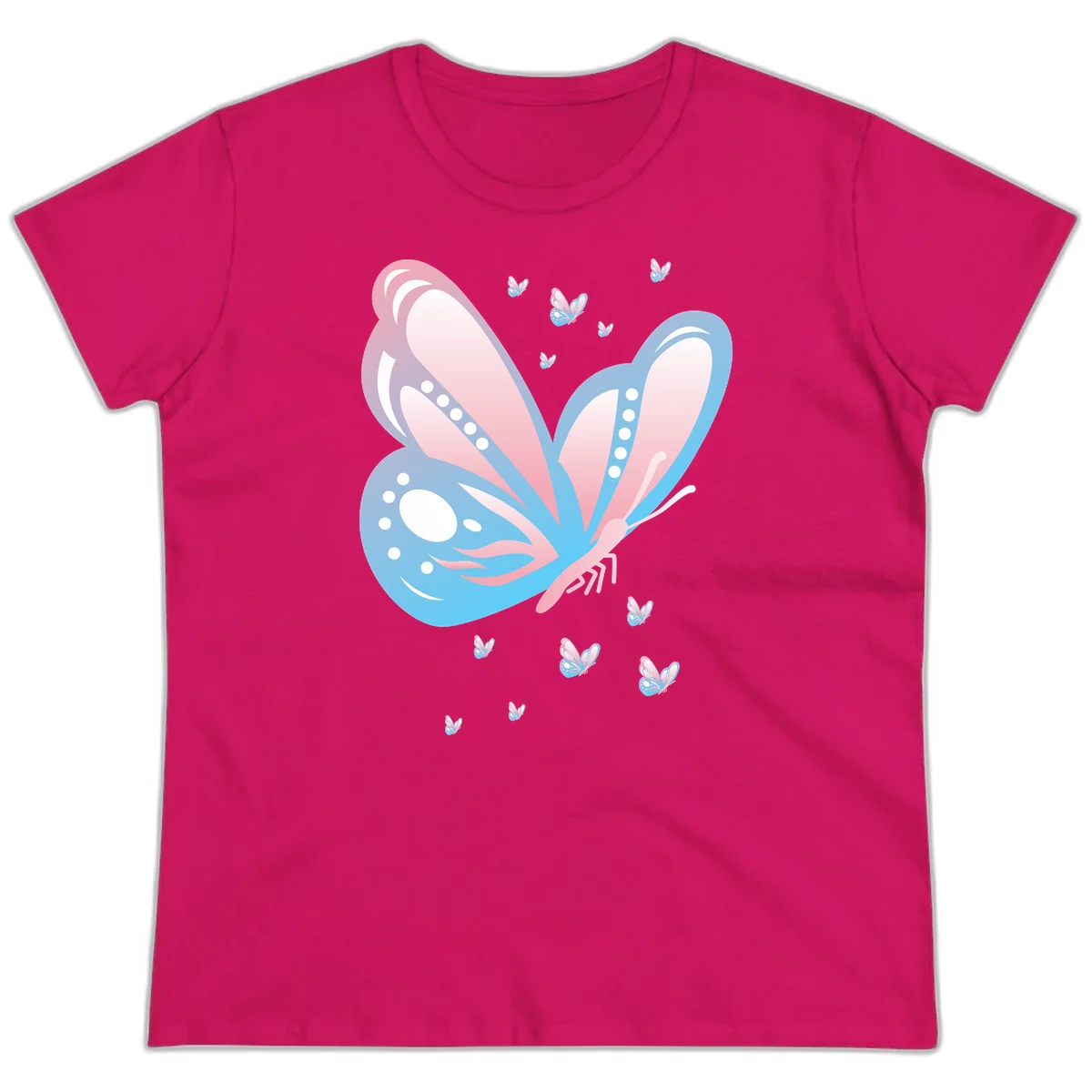 Large butterfly with pink and blue gradient wings featuring white dot details, surrounded by smaller flying butterflies on gray background in Heliconia