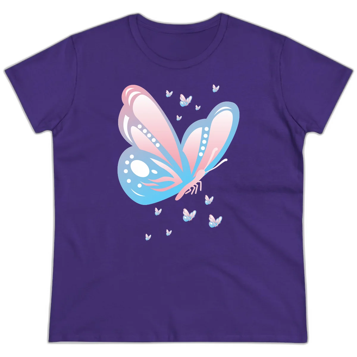 Large butterfly with pink and blue gradient wings featuring white dot details, surrounded by smaller flying butterflies on gray background in Purple