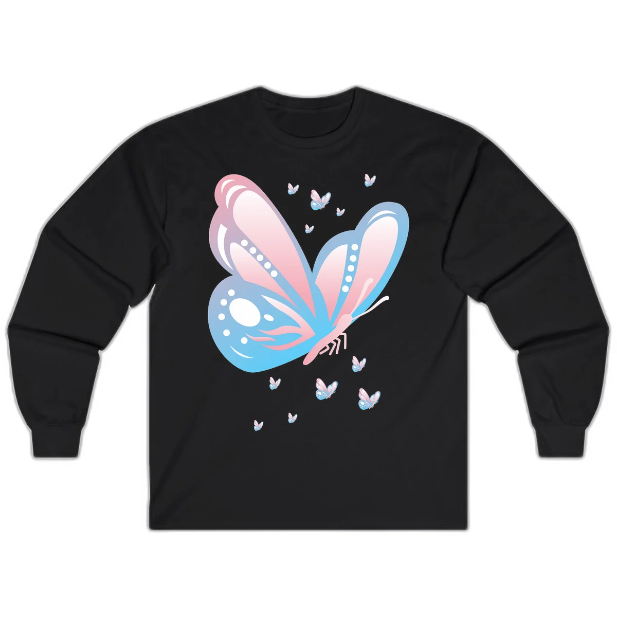 Large butterfly with pink and blue gradient wings featuring white dot details, surrounded by smaller flying butterflies on gray background in Black