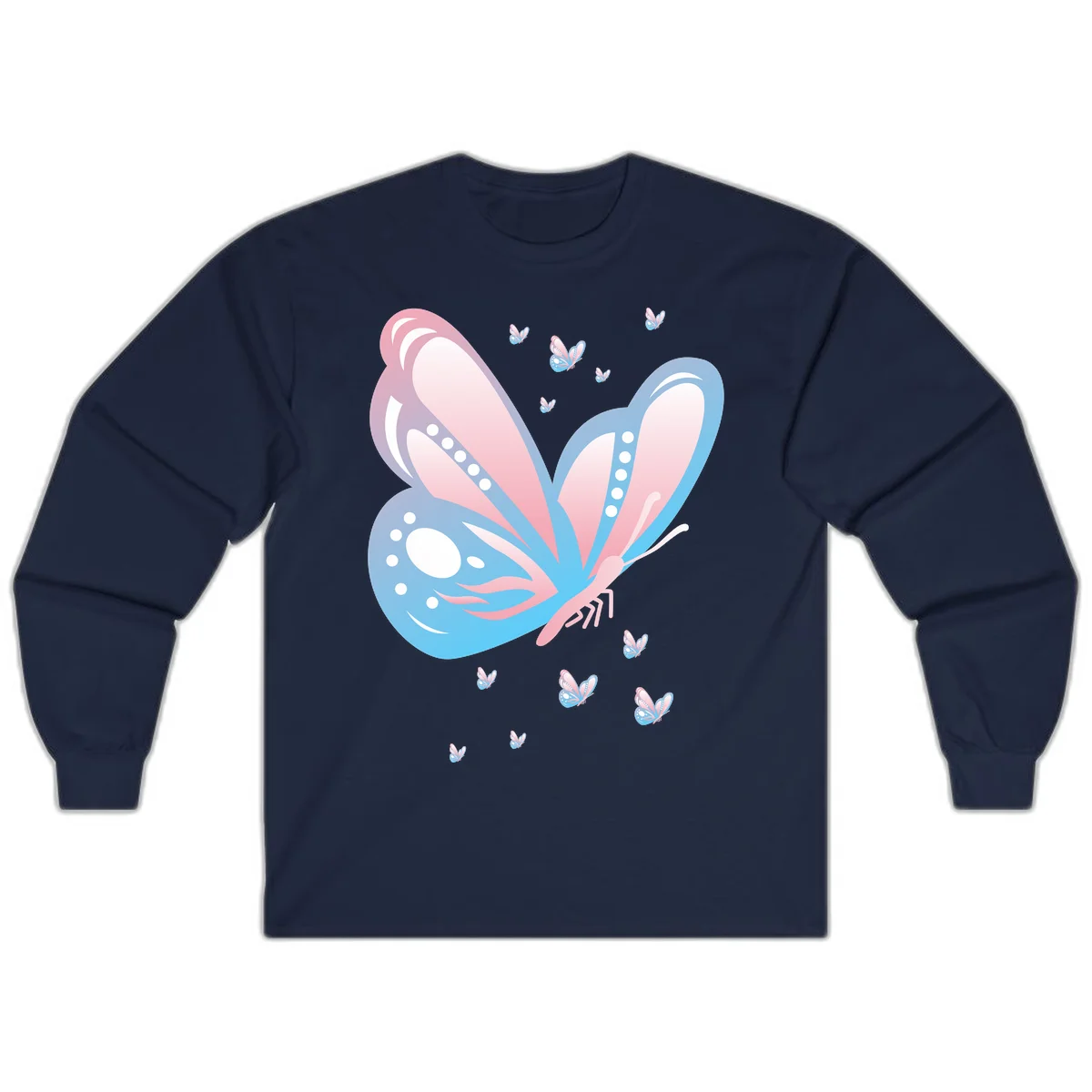 Large butterfly with pink and blue gradient wings featuring white dot details, surrounded by smaller flying butterflies on gray background in Navy
