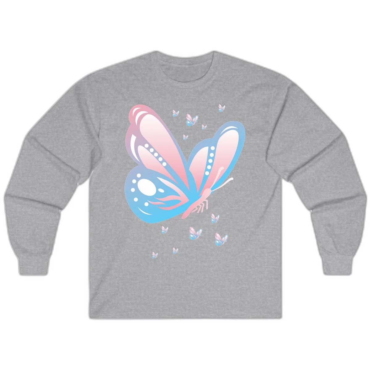 Large butterfly with pink and blue gradient wings featuring white dot details, surrounded by smaller flying butterflies on gray background in Sport Grey