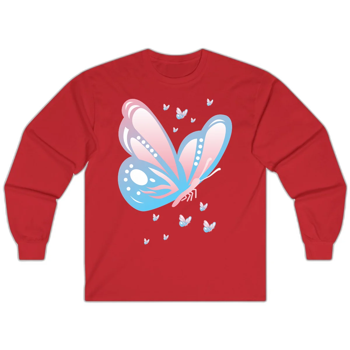 Large butterfly with pink and blue gradient wings featuring white dot details, surrounded by smaller flying butterflies on gray background in Red