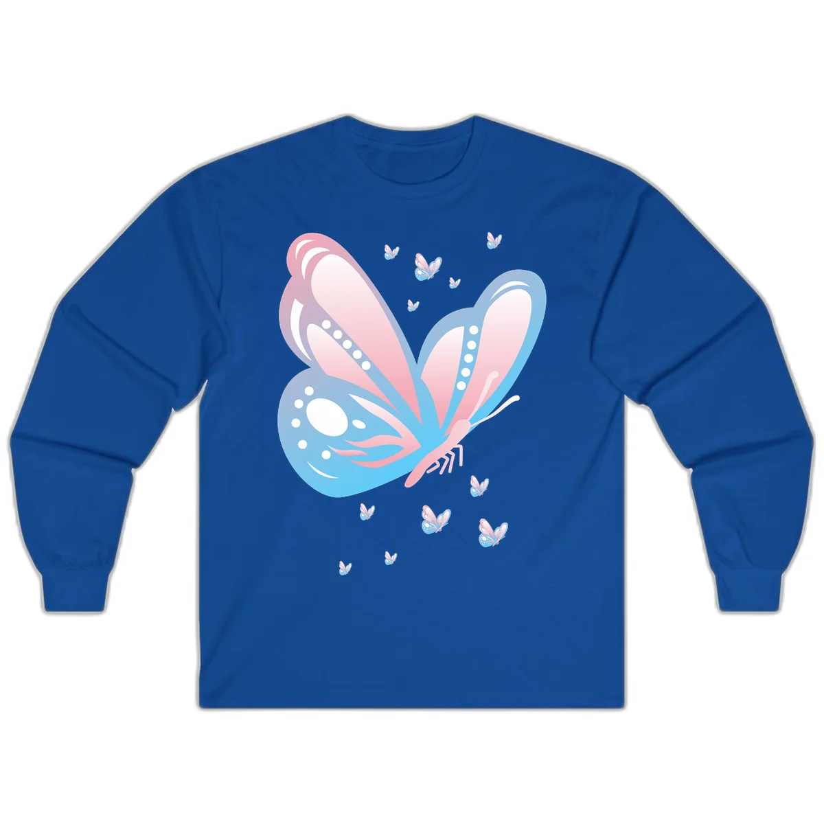 Large butterfly with pink and blue gradient wings featuring white dot details, surrounded by smaller flying butterflies on gray background in Royal