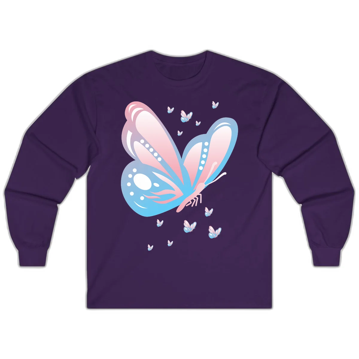 Large butterfly with pink and blue gradient wings featuring white dot details, surrounded by smaller flying butterflies on gray background in Purple
