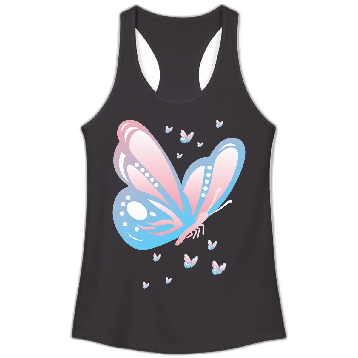 Large butterfly with pink and blue gradient wings featuring white dot details, surrounded by smaller flying butterflies on gray background in Black