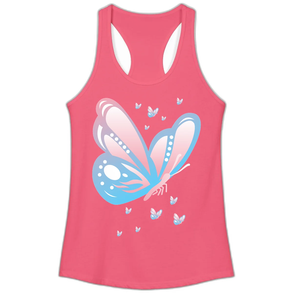 Large butterfly with pink and blue gradient wings featuring white dot details, surrounded by smaller flying butterflies on gray background in Hot Pink