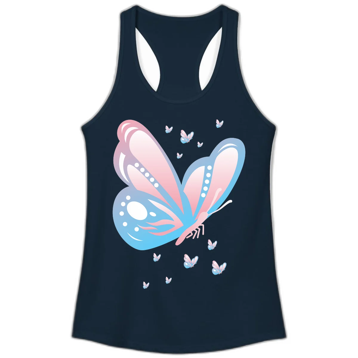 Large butterfly with pink and blue gradient wings featuring white dot details, surrounded by smaller flying butterflies on gray background in Solid Midnight Navy