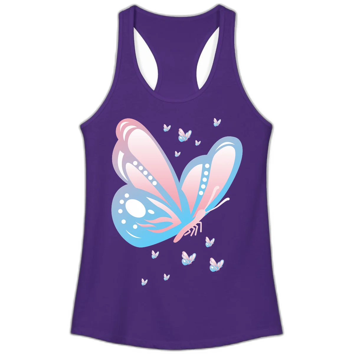 Large butterfly with pink and blue gradient wings featuring white dot details, surrounded by smaller flying butterflies on gray background in Solid Purple Rush