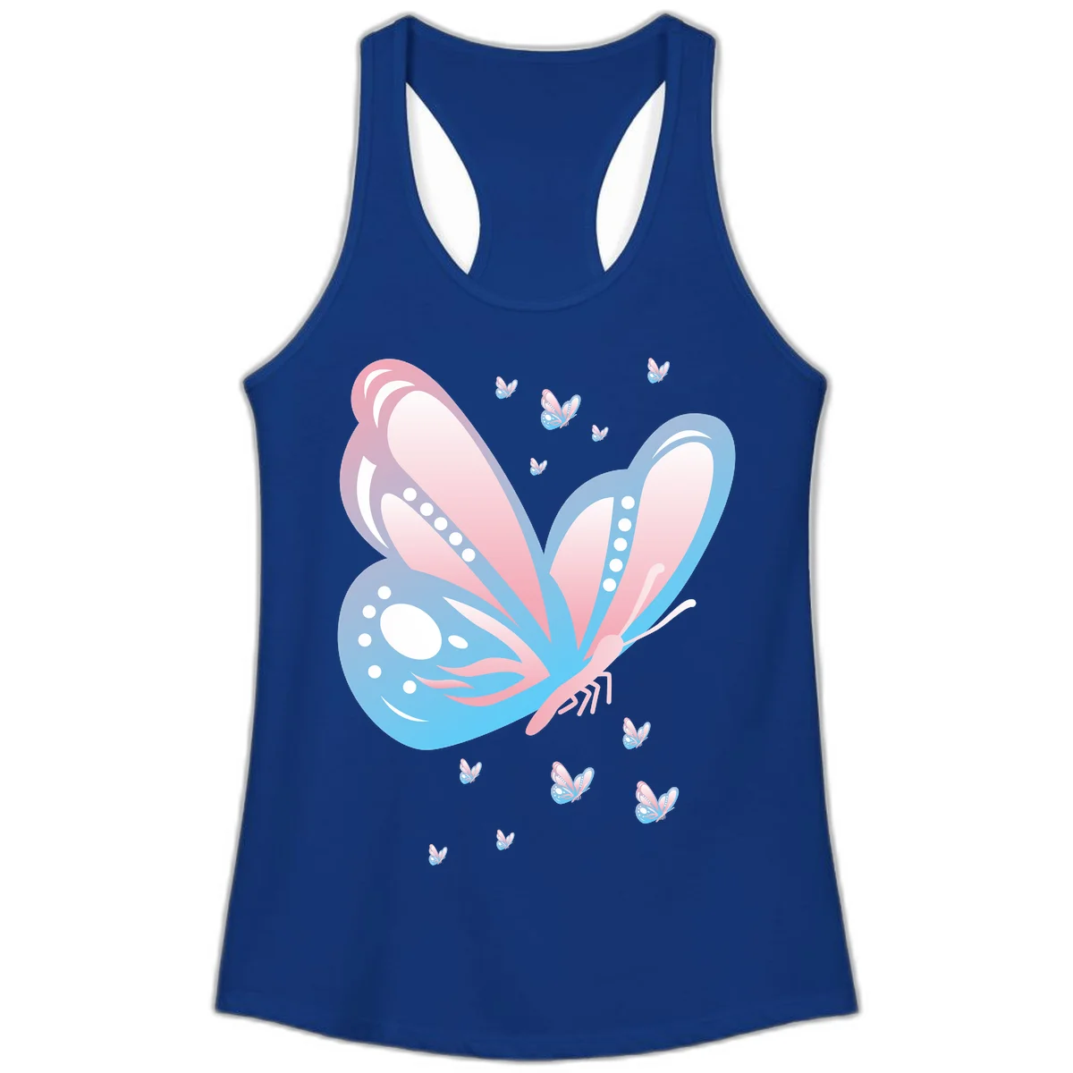 Large butterfly with pink and blue gradient wings featuring white dot details, surrounded by smaller flying butterflies on gray background in Solid Royal