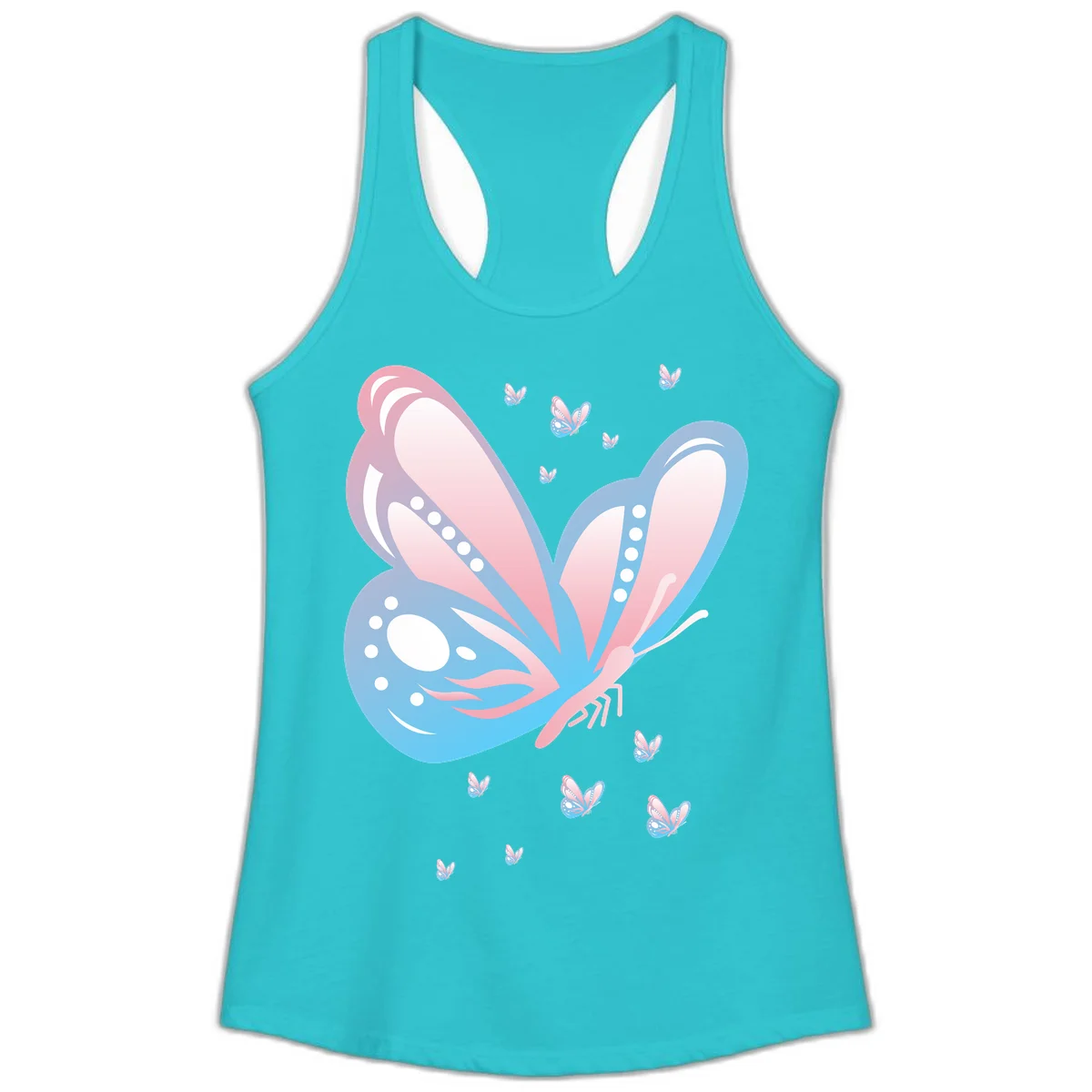 Large butterfly with pink and blue gradient wings featuring white dot details, surrounded by smaller flying butterflies on gray background in Solid Tahiti Blue