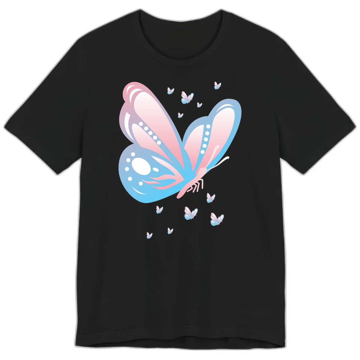 Large butterfly with pink and blue gradient wings featuring white dot details, surrounded by smaller flying butterflies on gray background in Black