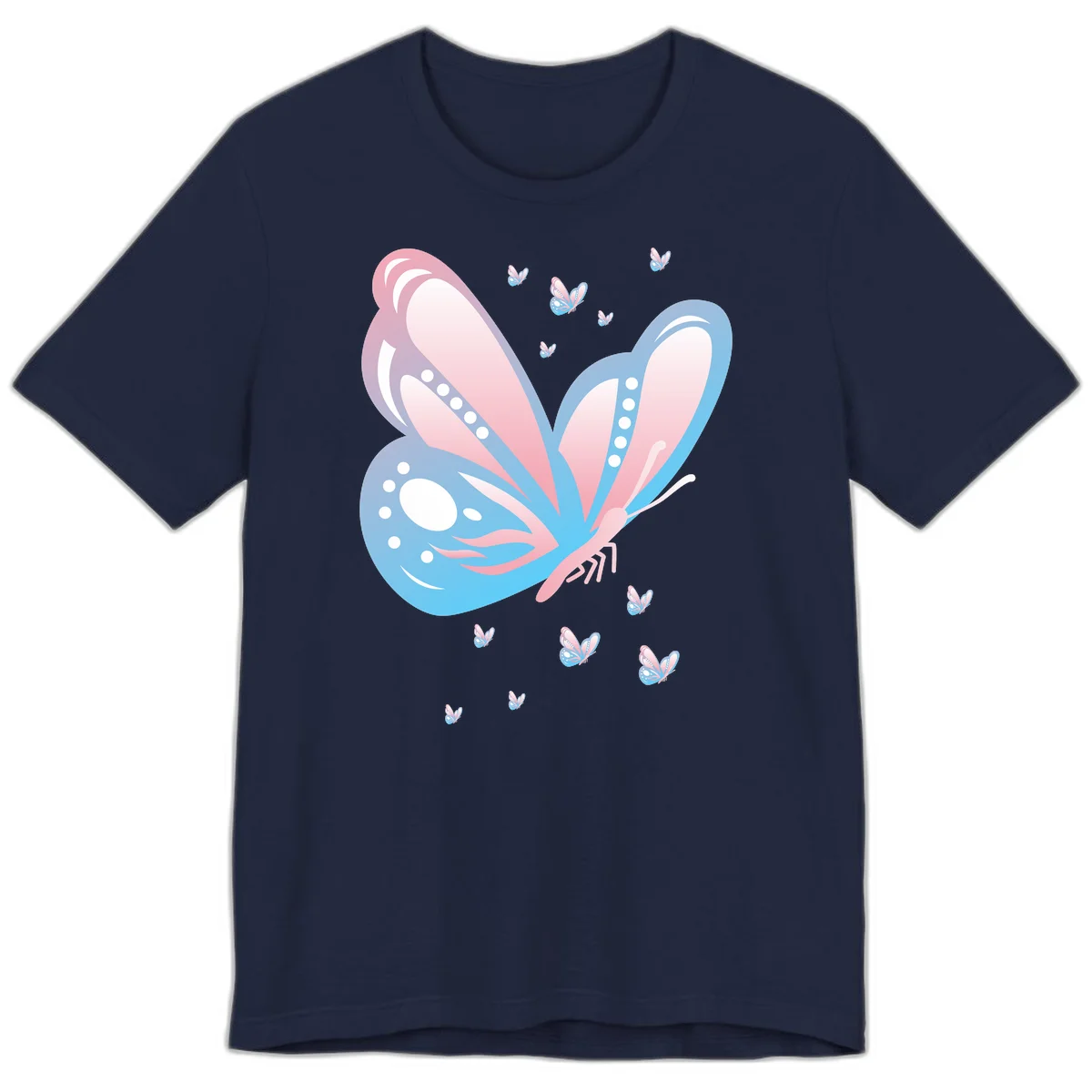 Large butterfly with pink and blue gradient wings featuring white dot details, surrounded by smaller flying butterflies on gray background in Navy