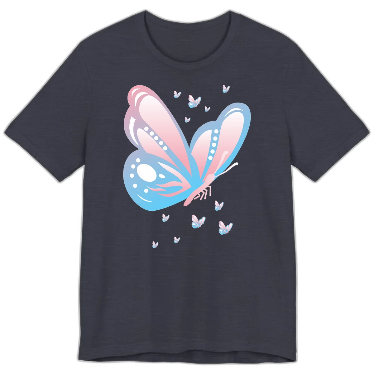 Large butterfly with pink and blue gradient wings featuring white dot details, surrounded by smaller flying butterflies on gray background in Heather Midnight Navy