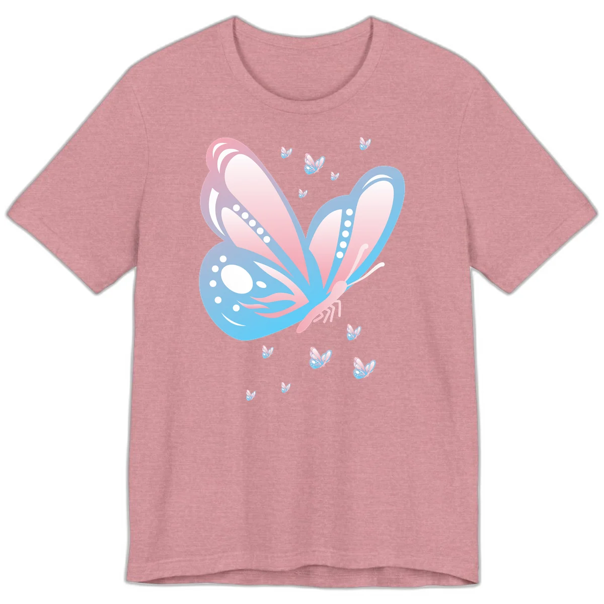 Large butterfly with pink and blue gradient wings featuring white dot details, surrounded by smaller flying butterflies on gray background in Heather Orchid