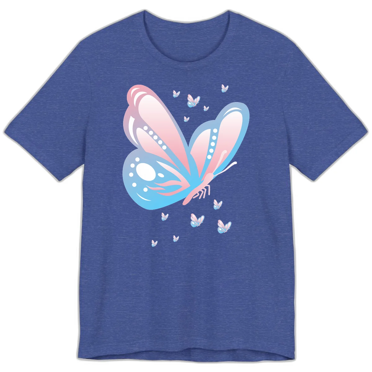 Large butterfly with pink and blue gradient wings featuring white dot details, surrounded by smaller flying butterflies on gray background in Heather True Royal