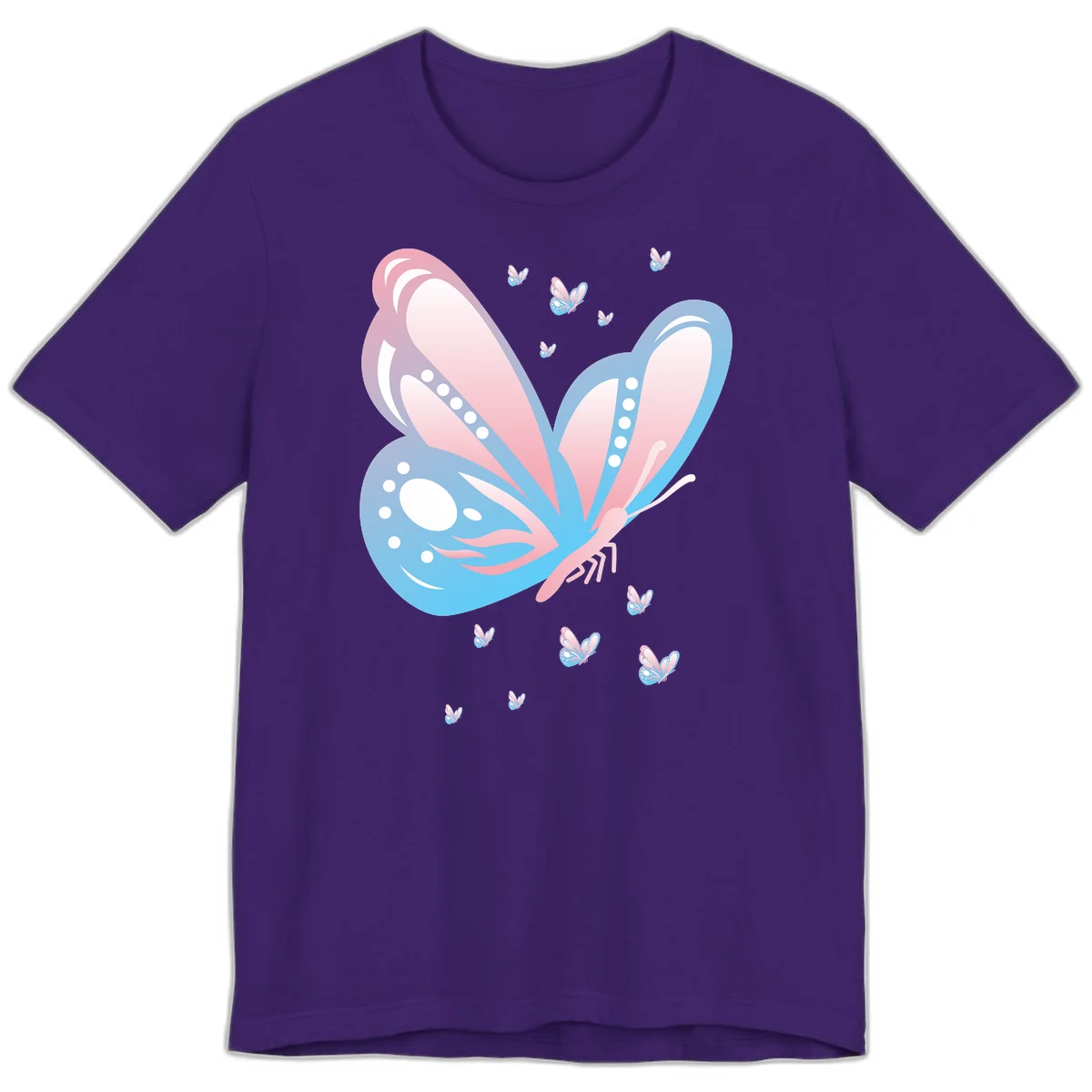 Large butterfly with pink and blue gradient wings featuring white dot details, surrounded by smaller flying butterflies on gray background in Team Purple