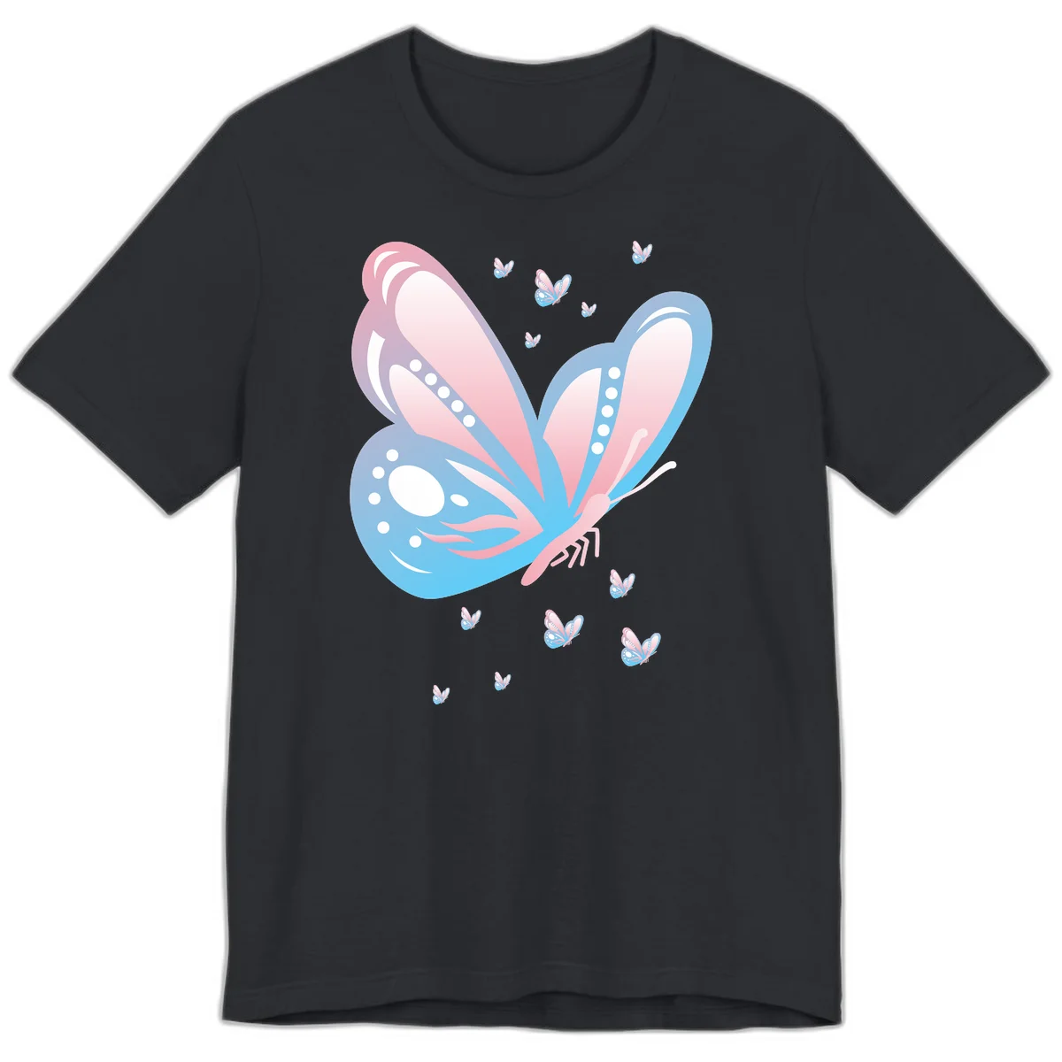 Large butterfly with pink and blue gradient wings featuring white dot details, surrounded by smaller flying butterflies on gray background in Vintage Black