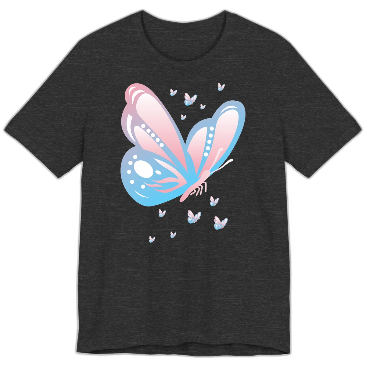 Large butterfly with pink and blue gradient wings featuring white dot details, surrounded by smaller flying butterflies on gray background in Dark Grey Heather