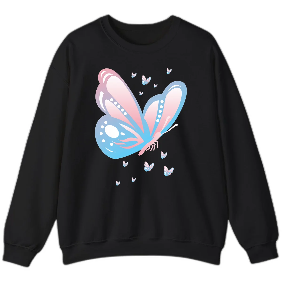 Large butterfly with pink and blue gradient wings featuring white dot details, surrounded by smaller flying butterflies on gray background in Black