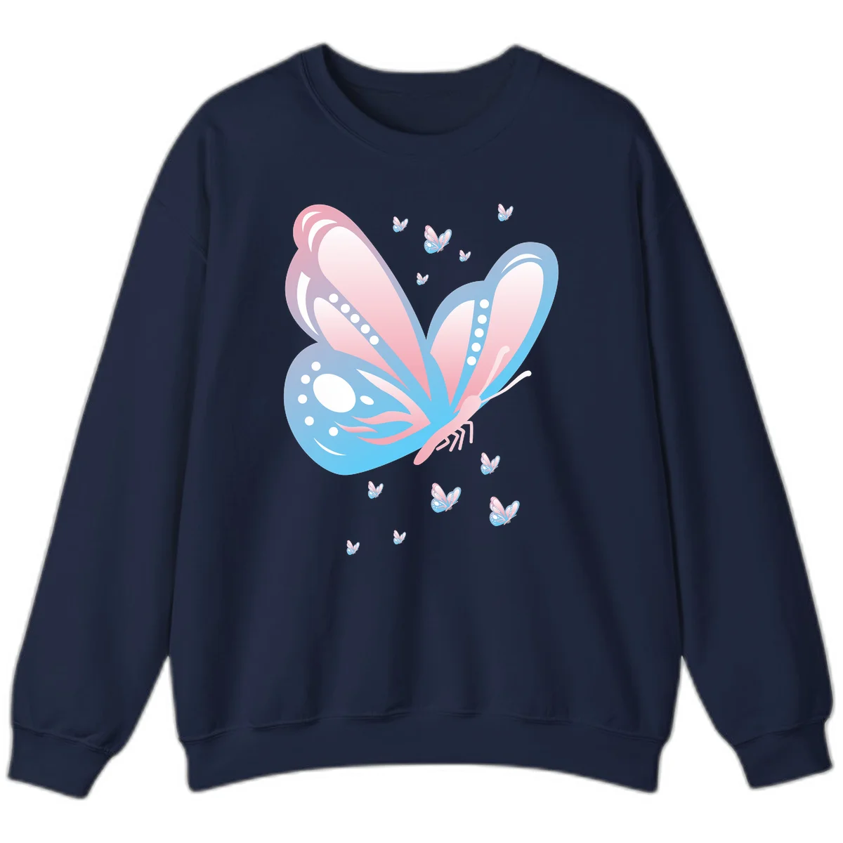 Large butterfly with pink and blue gradient wings featuring white dot details, surrounded by smaller flying butterflies on gray background in Navy
